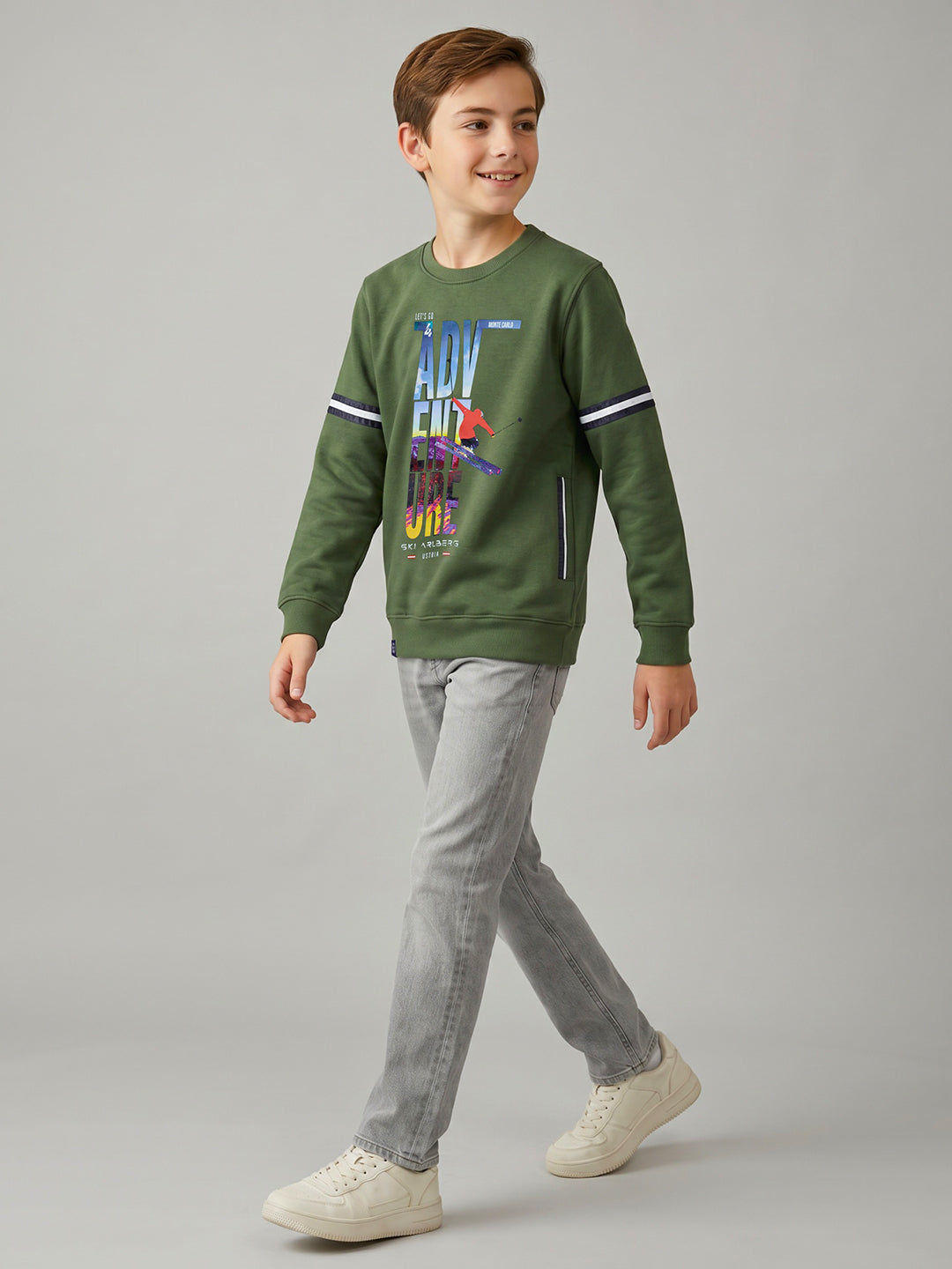 Boys Olive Printed Round Neck Full Sleeve Sweatshirt