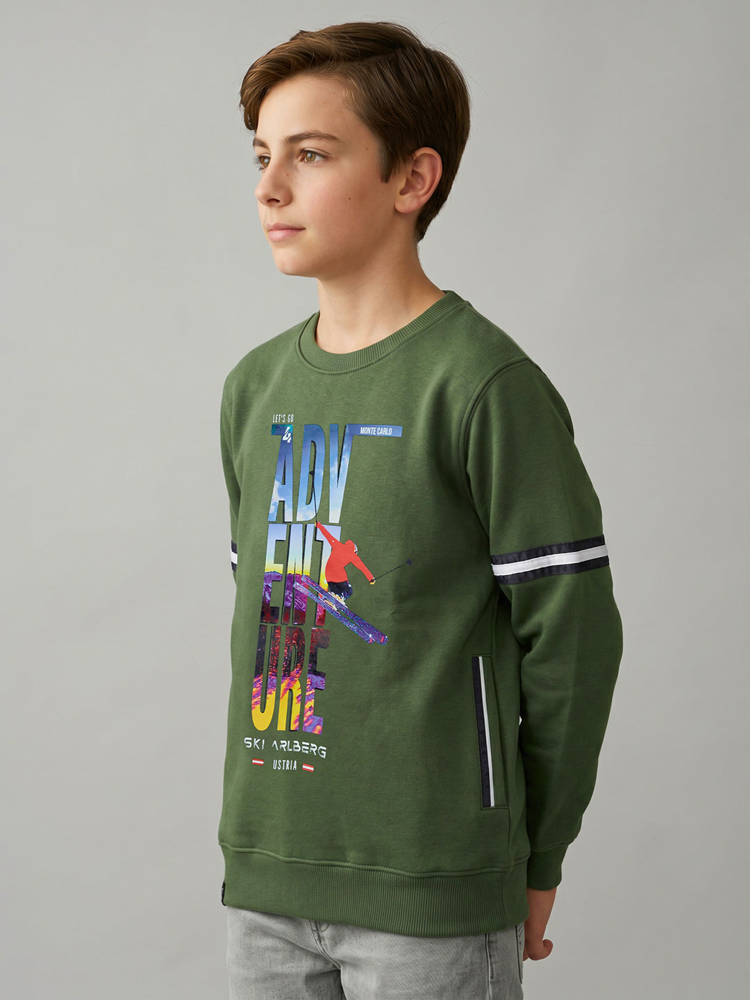 Boys Olive Printed Round Neck Full Sleeve Sweatshirt