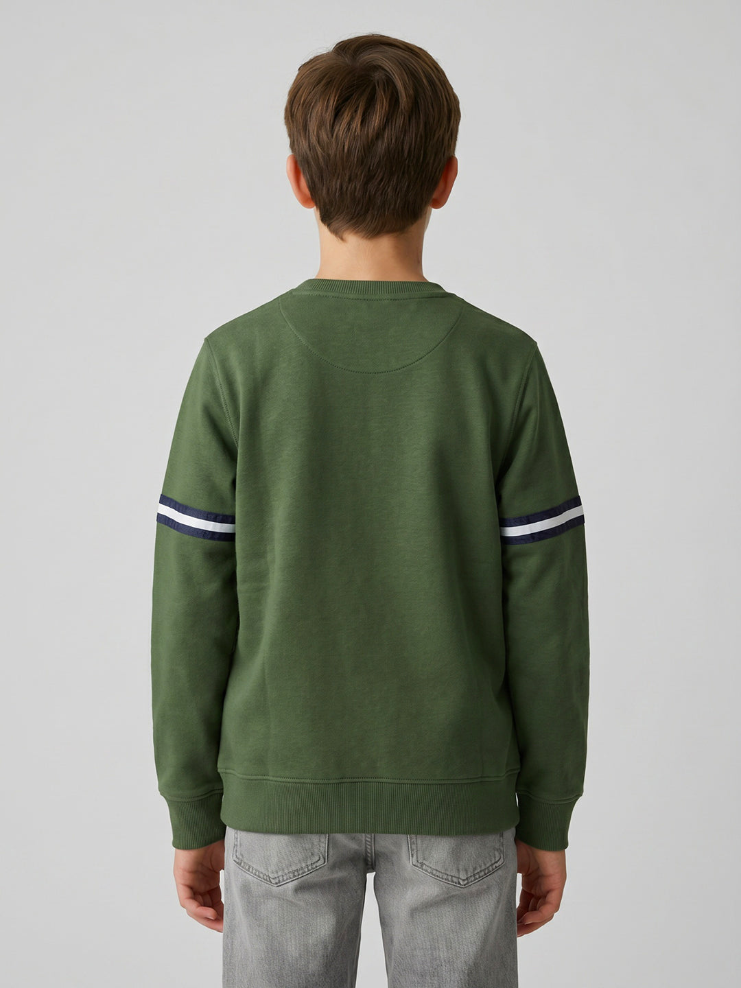 Boys Olive Printed Round Neck Full Sleeve Sweatshirt