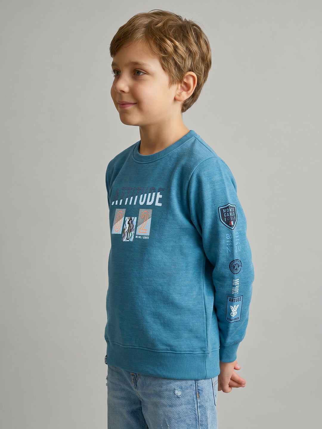 Boys Blue Printed Round Neck Full Sleeve Sweatshirt