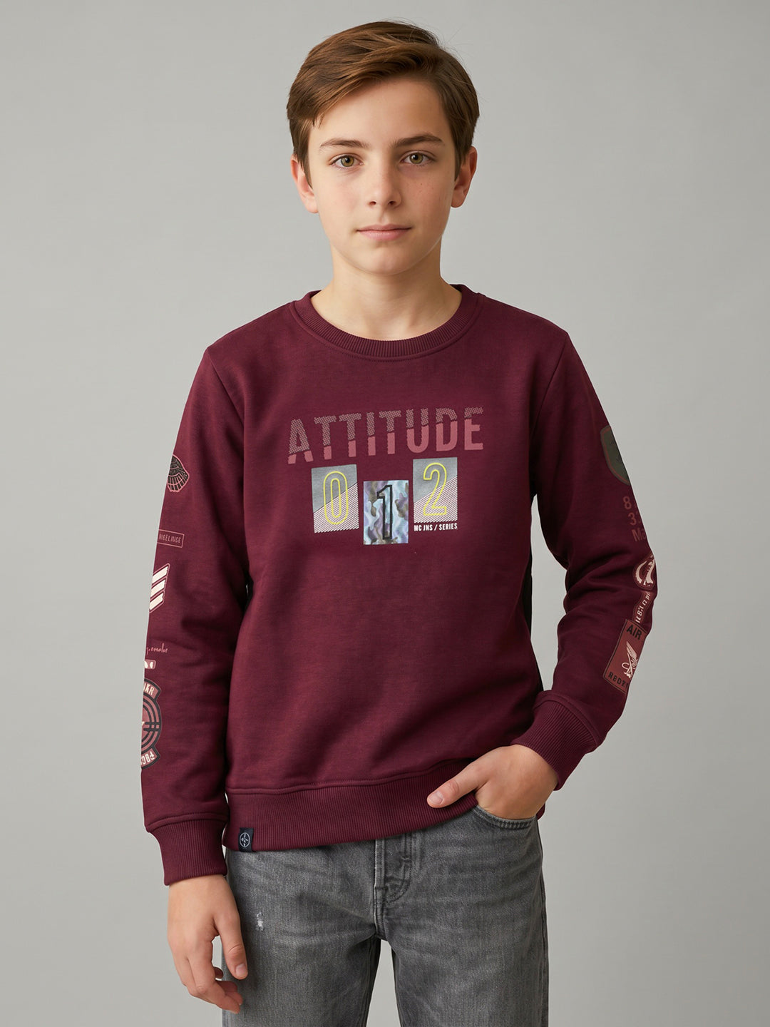 Boys Maroon Printed Round Neck Full Sleeve Sweatshirt
