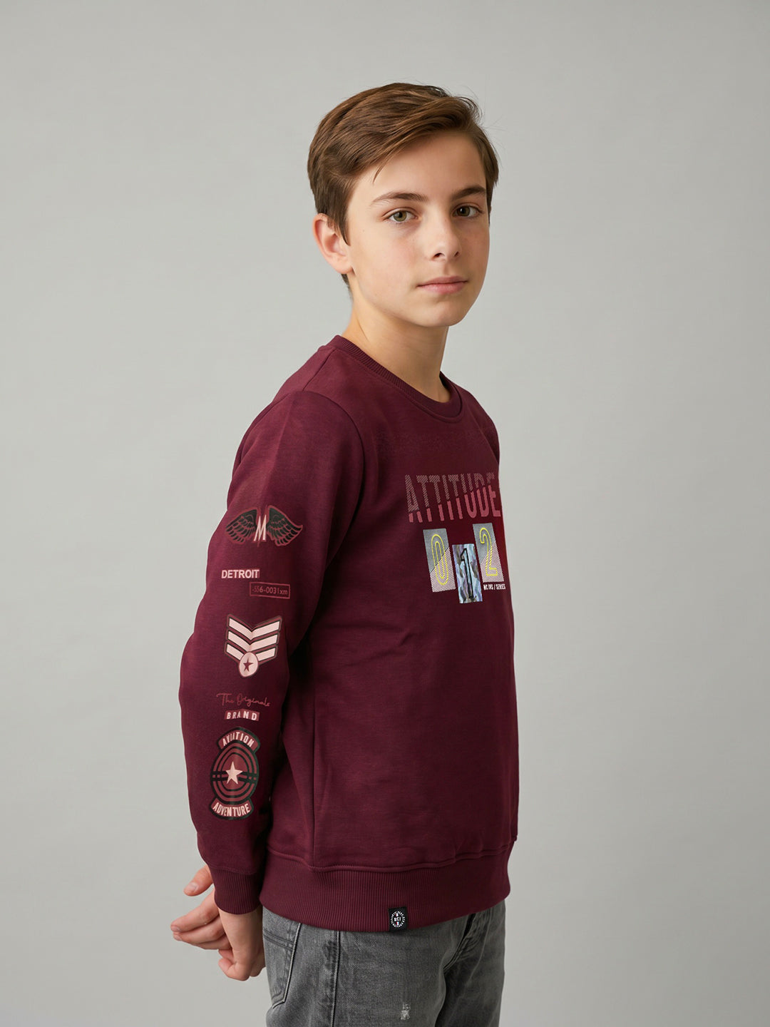 Boys Maroon Printed Round Neck Full Sleeve Sweatshirt