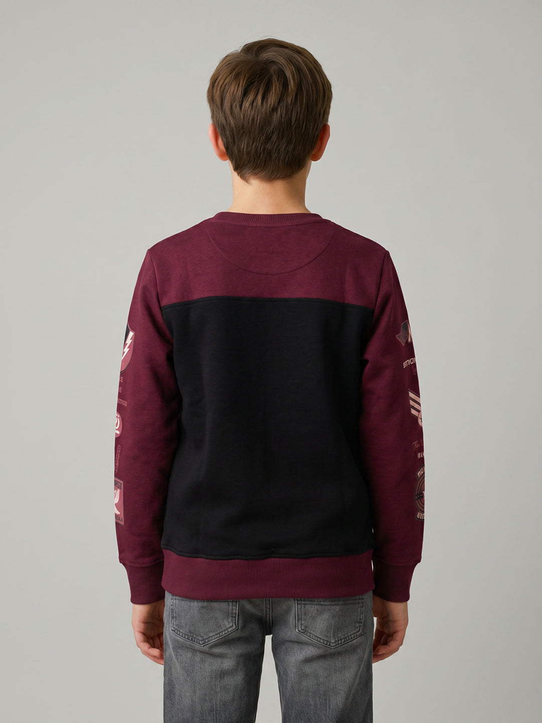 Boys Maroon Printed Round Neck Full Sleeve Sweatshirt