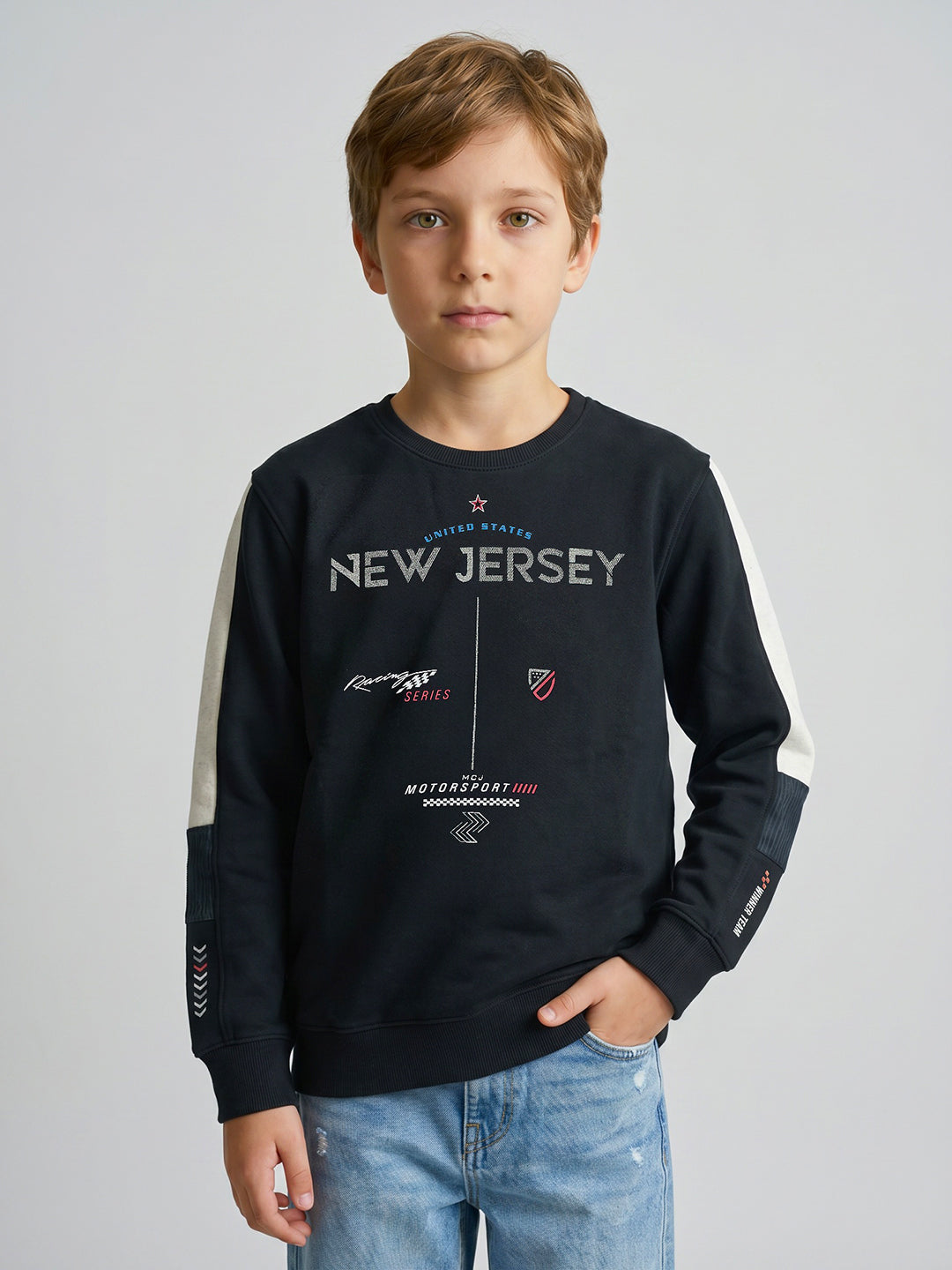 Boys Navy Blue Printed Round Neck Full Sleeve Sweatshirt