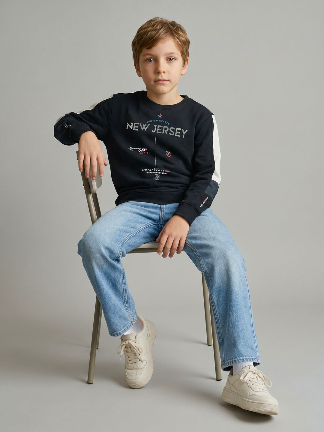Boys Navy Blue Printed Round Neck Full Sleeve Sweatshirt