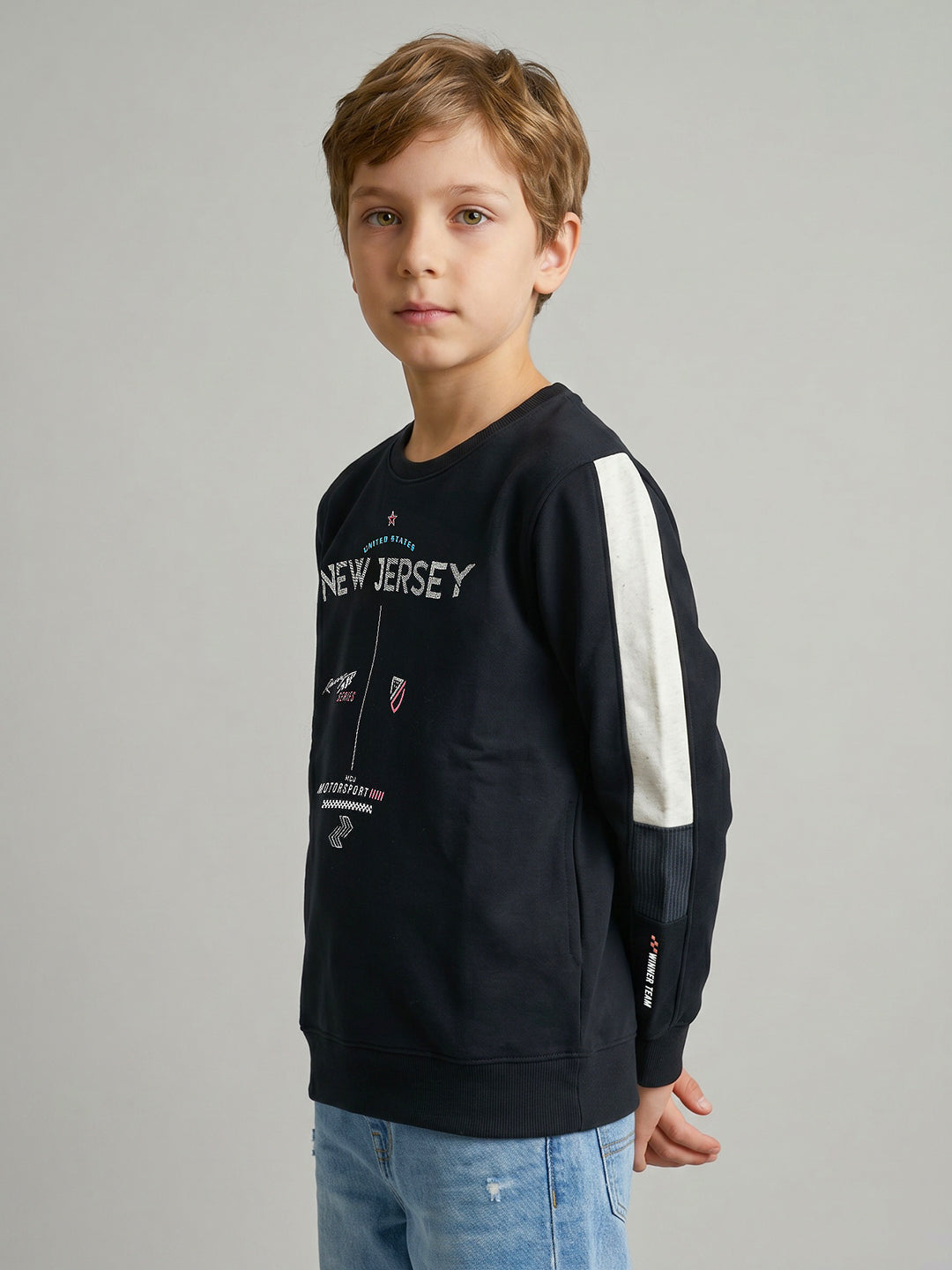 Boys Navy Blue Printed Round Neck Full Sleeve Sweatshirt