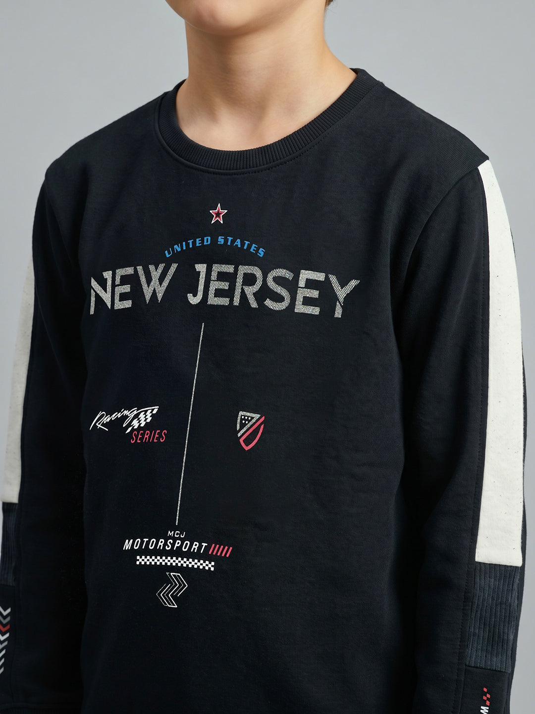 Boys Navy Blue Printed Round Neck Full Sleeve Sweatshirt