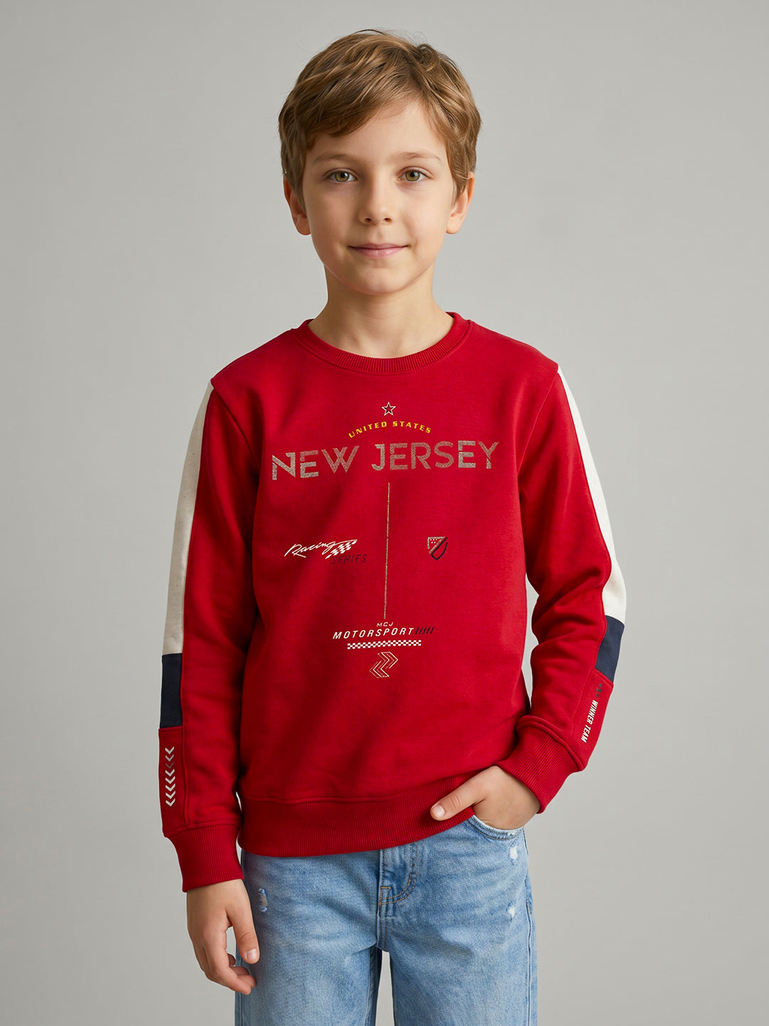 Boys Red Printed Round Neck Full Sleeve Sweatshirt