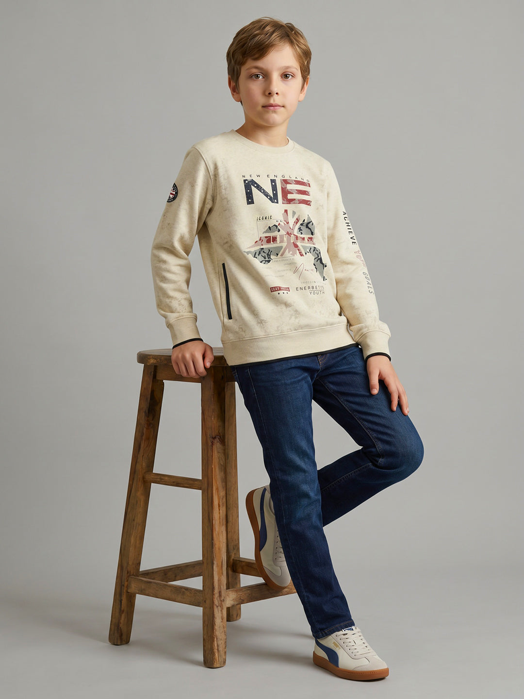 Boys Beige Printed Round Neck Full Sleeve Sweatshirt