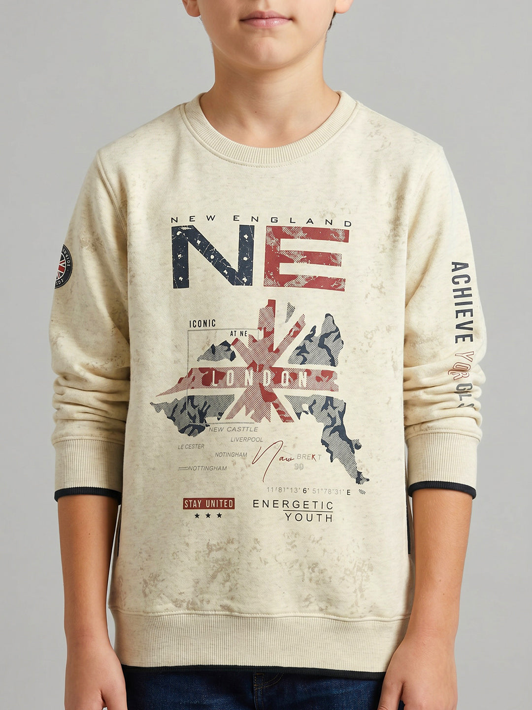 Boys Beige Printed Round Neck Full Sleeve Sweatshirt