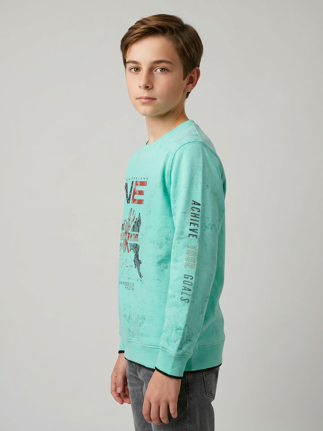 Boys Turquoise Blue Printed Round Neck Full Sleeve Sweatshirt