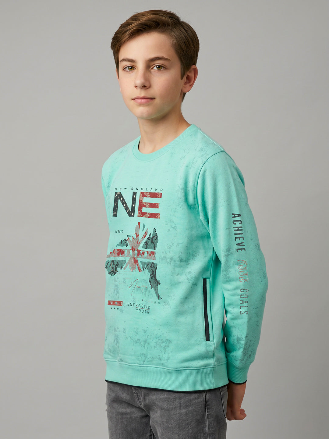 Boys Turquoise Blue Printed Round Neck Full Sleeve Sweatshirt