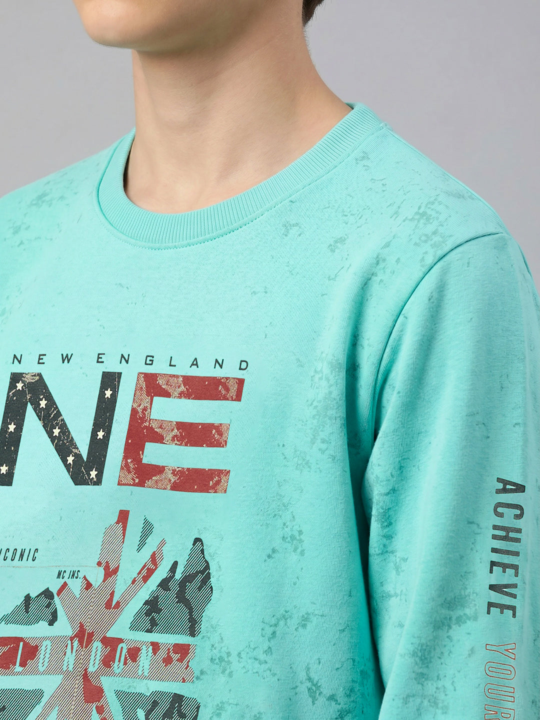 Boys Turquoise Blue Printed Round Neck Full Sleeve Sweatshirt