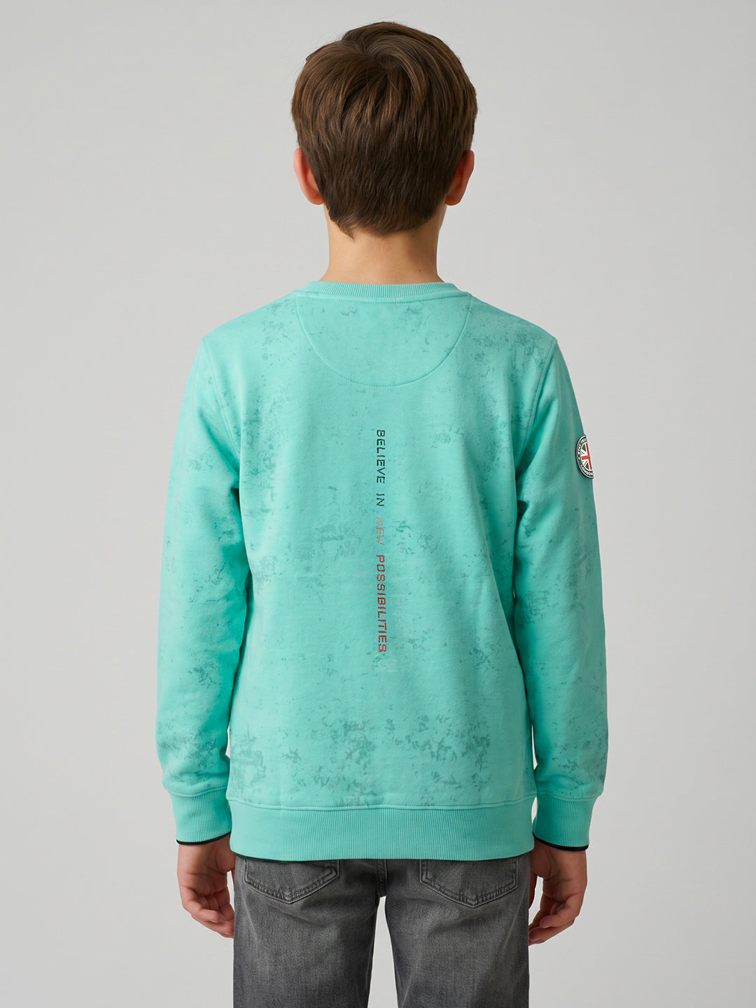 Boys Turquoise Blue Printed Round Neck Full Sleeve Sweatshirt