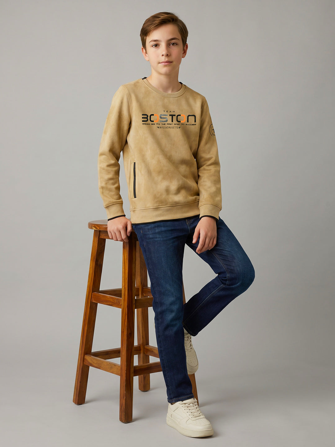 Boys Khaki Printed Round Neck Full Sleeve Sweatshirt