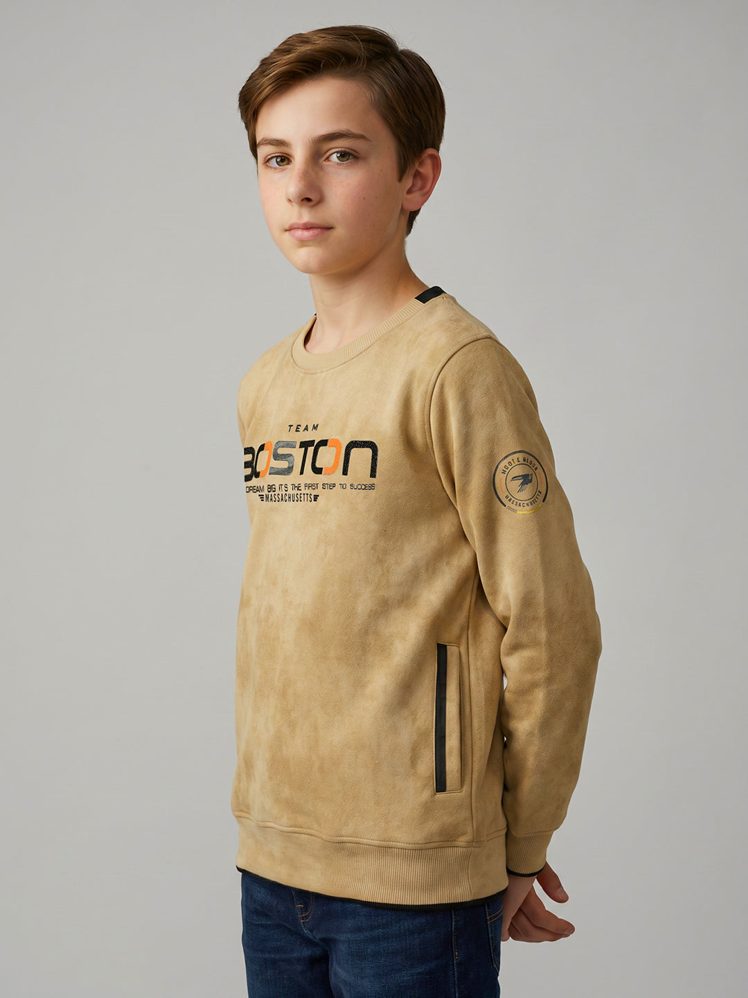 Boys Khaki Printed Round Neck Full Sleeve Sweatshirt