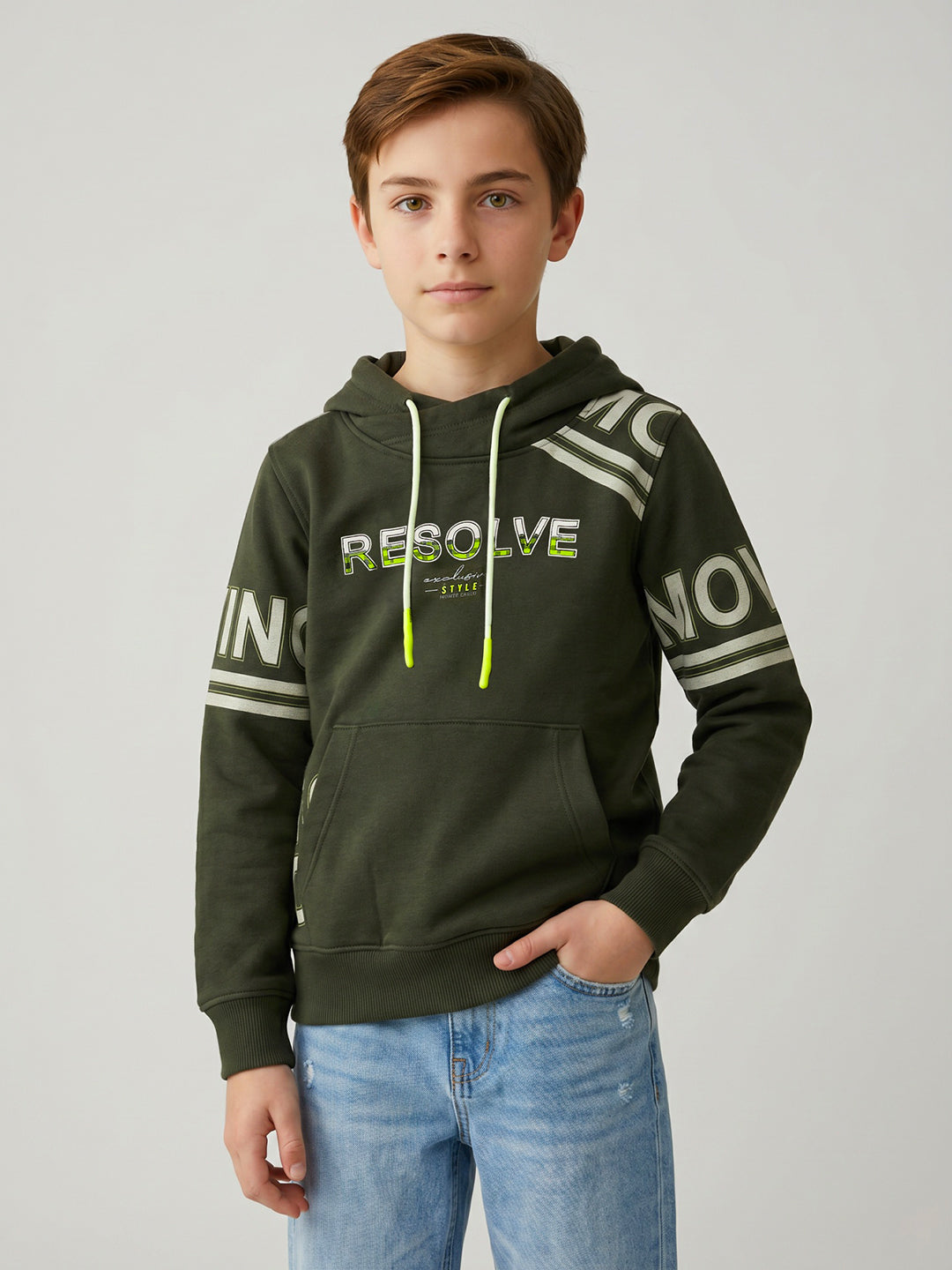 Boys Olive Printed Overlap Neck Full Sleeve Sweatshirt