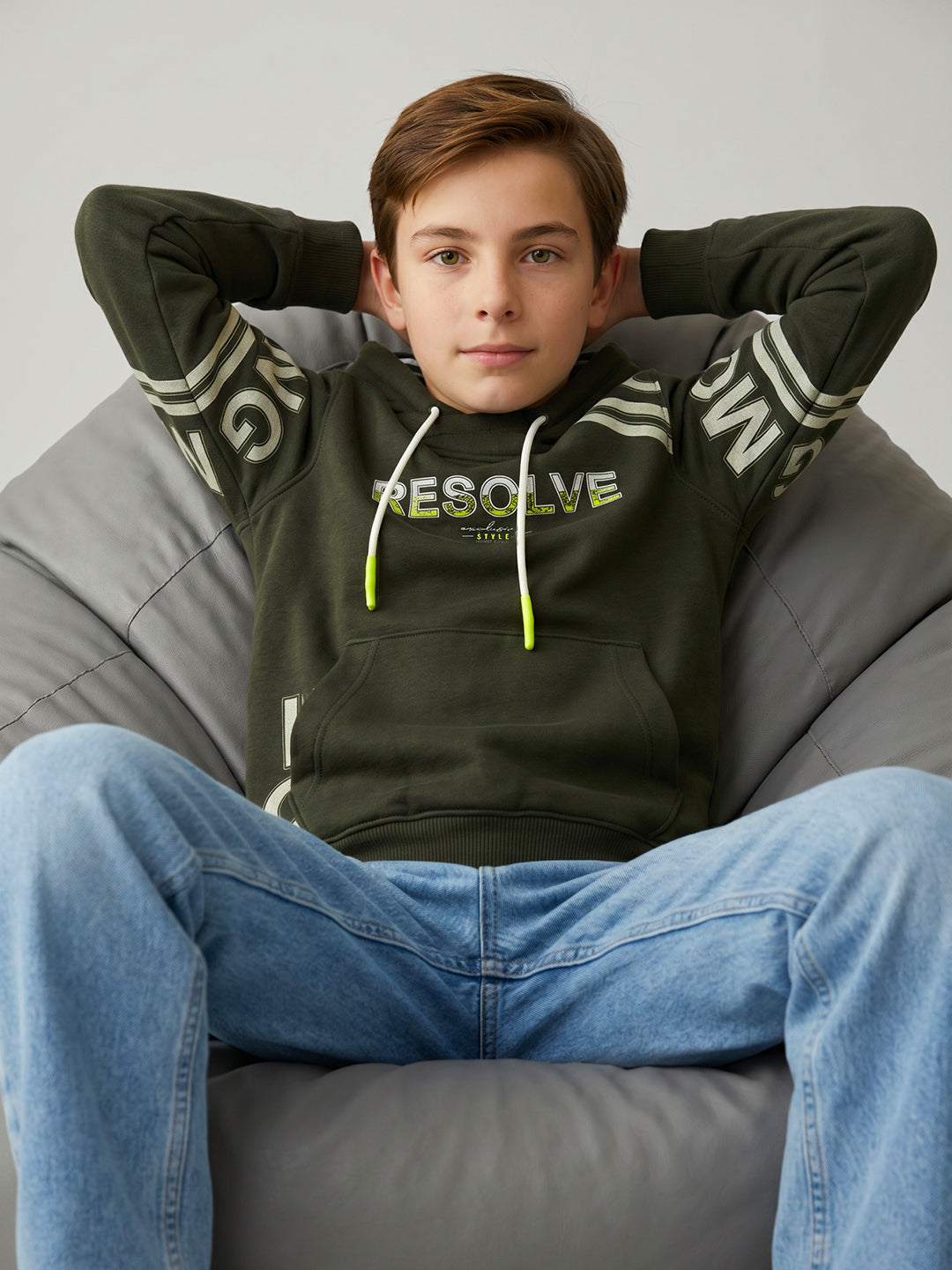Boys Olive Printed Overlap Neck Full Sleeve Sweatshirt