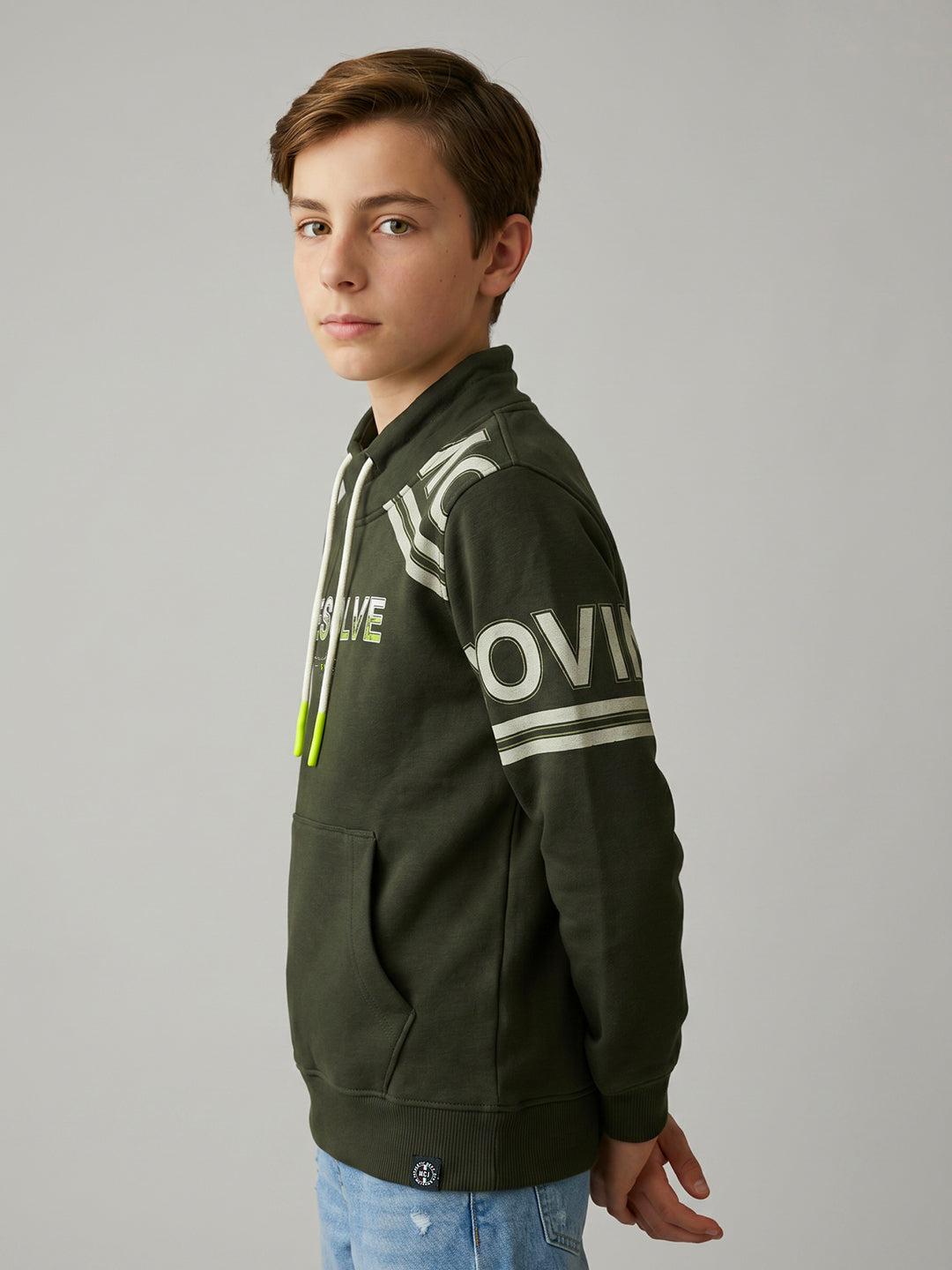 Boys Olive Printed Overlap Neck Full Sleeve Sweatshirt