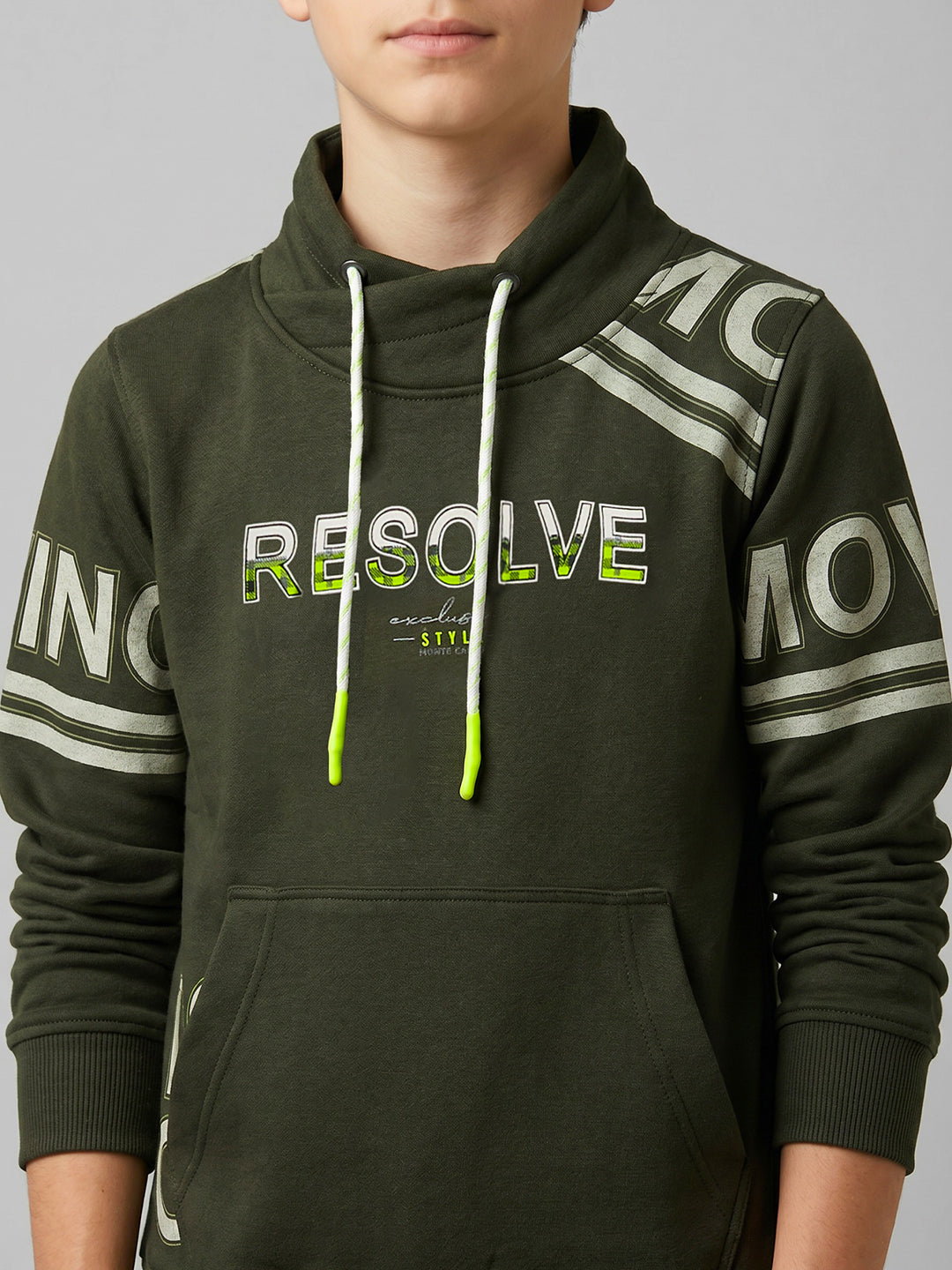 Boys Olive Printed Overlap Neck Full Sleeve Sweatshirt