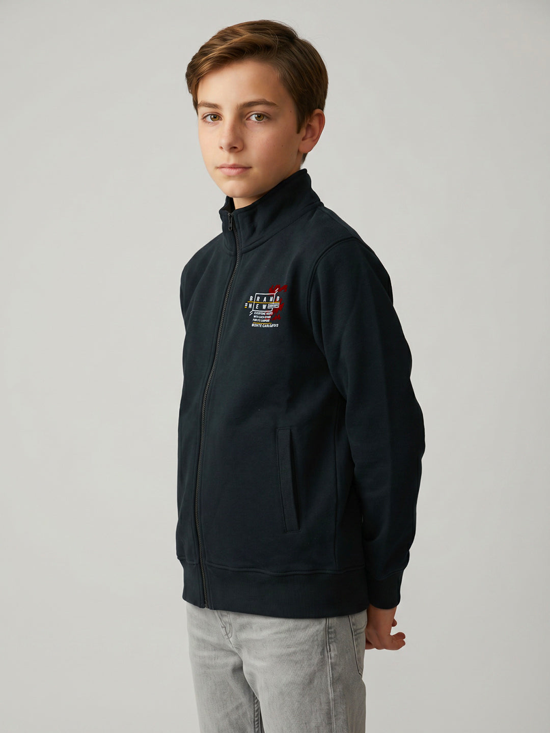 Boys Navy Blue Printed Stand Collar Full Sleeve Sweatshirt