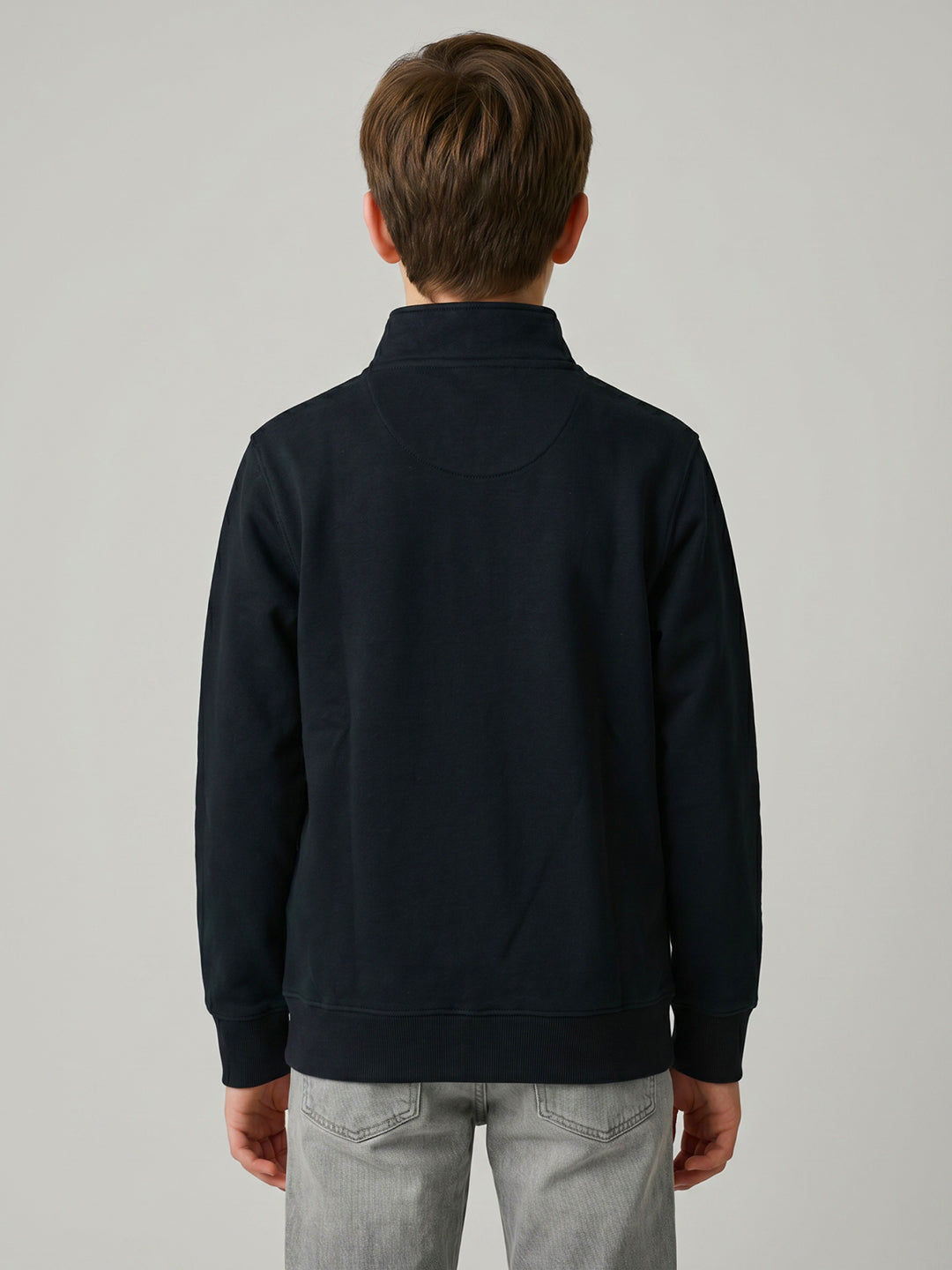 Boys Navy Blue Printed Stand Collar Full Sleeve Sweatshirt