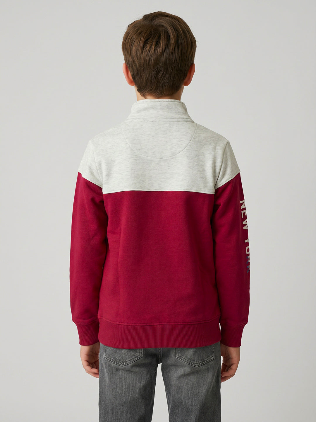 Boys Maroon Printed Turtle Neck Full Sleeve Sweatshirt