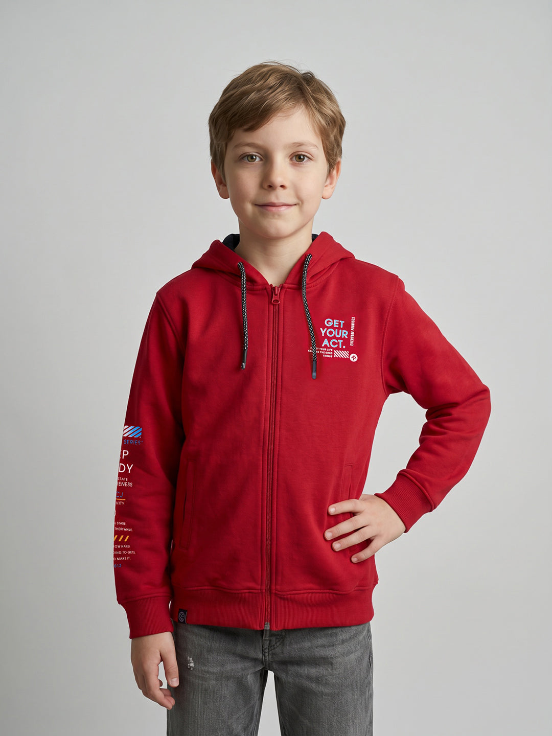 Boys Red Printed Hooded Full Sleeve Sweatshirt