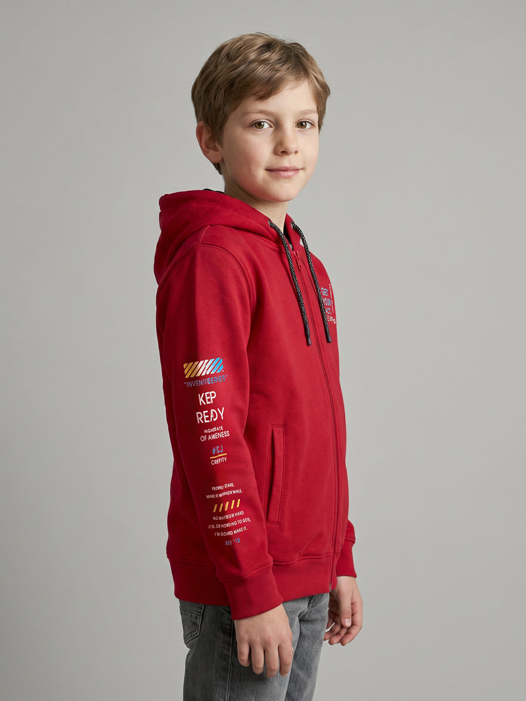 Boys Red Printed Hooded Full Sleeve Sweatshirt