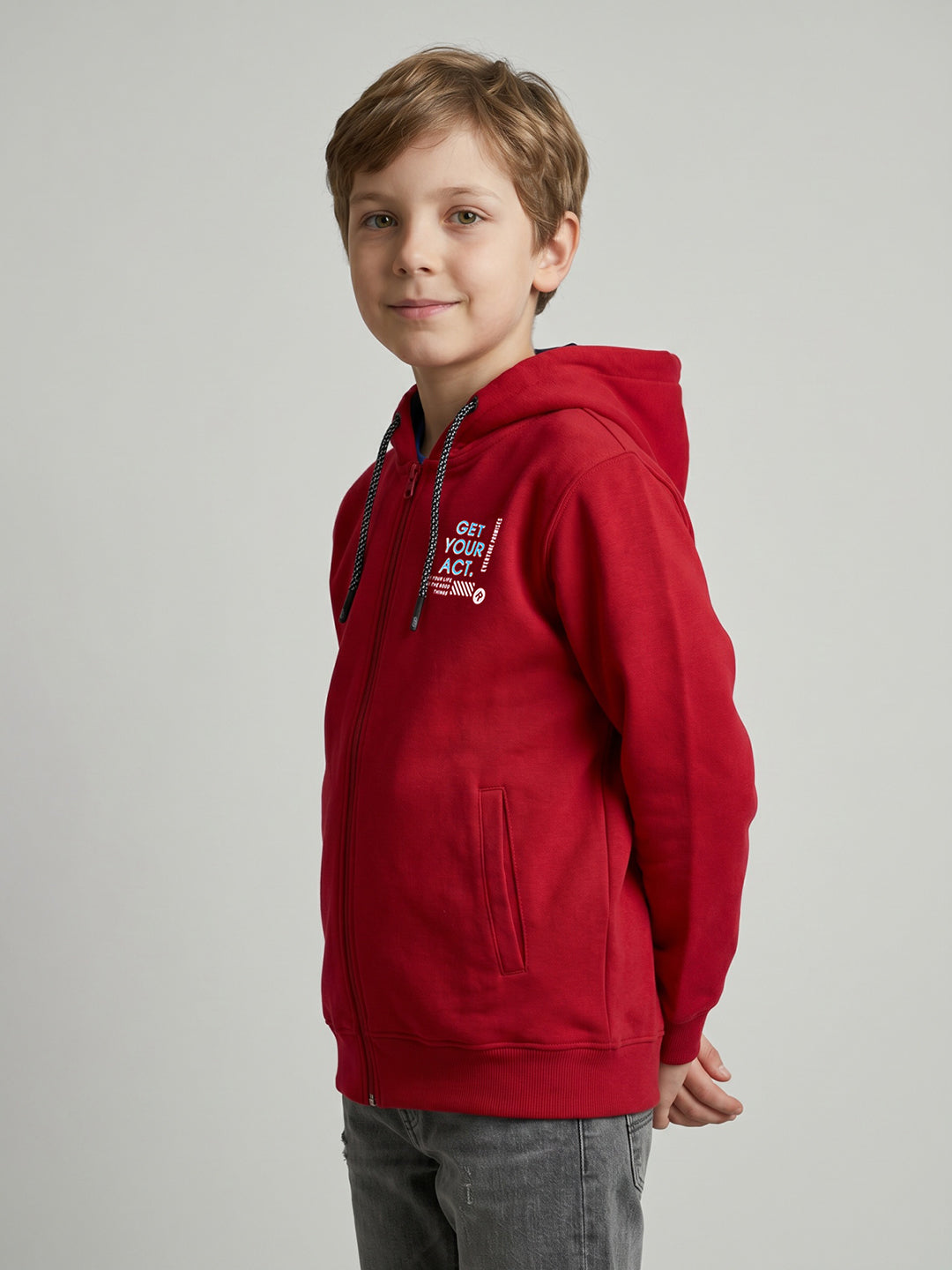 Boys Red Printed Hooded Full Sleeve Sweatshirt