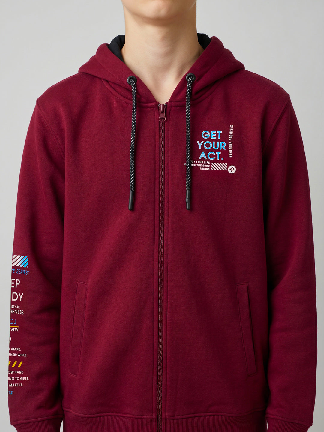 Boys Maroon Printed Hooded Full Sleeve Sweatshirt