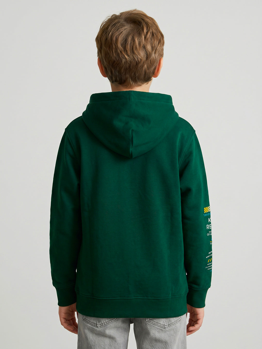 Boys Green Printed Hooded Full Sleeve Sweatshirt