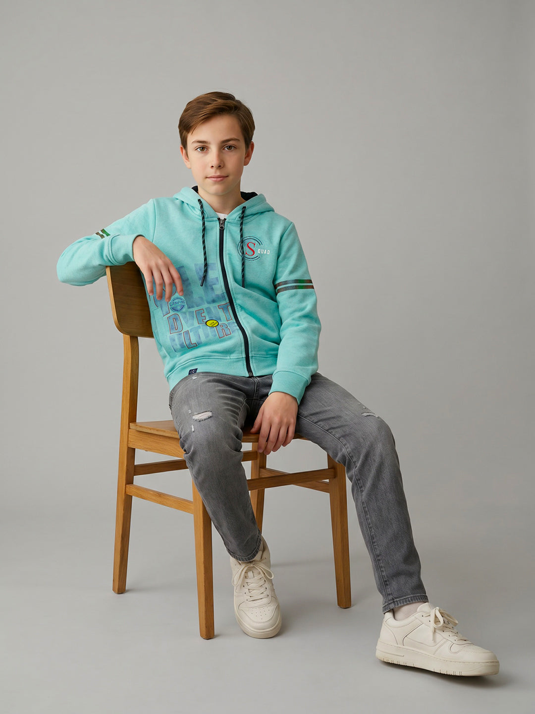 Boys Blue Printed Hooded Full Sleeve Sweatshirt