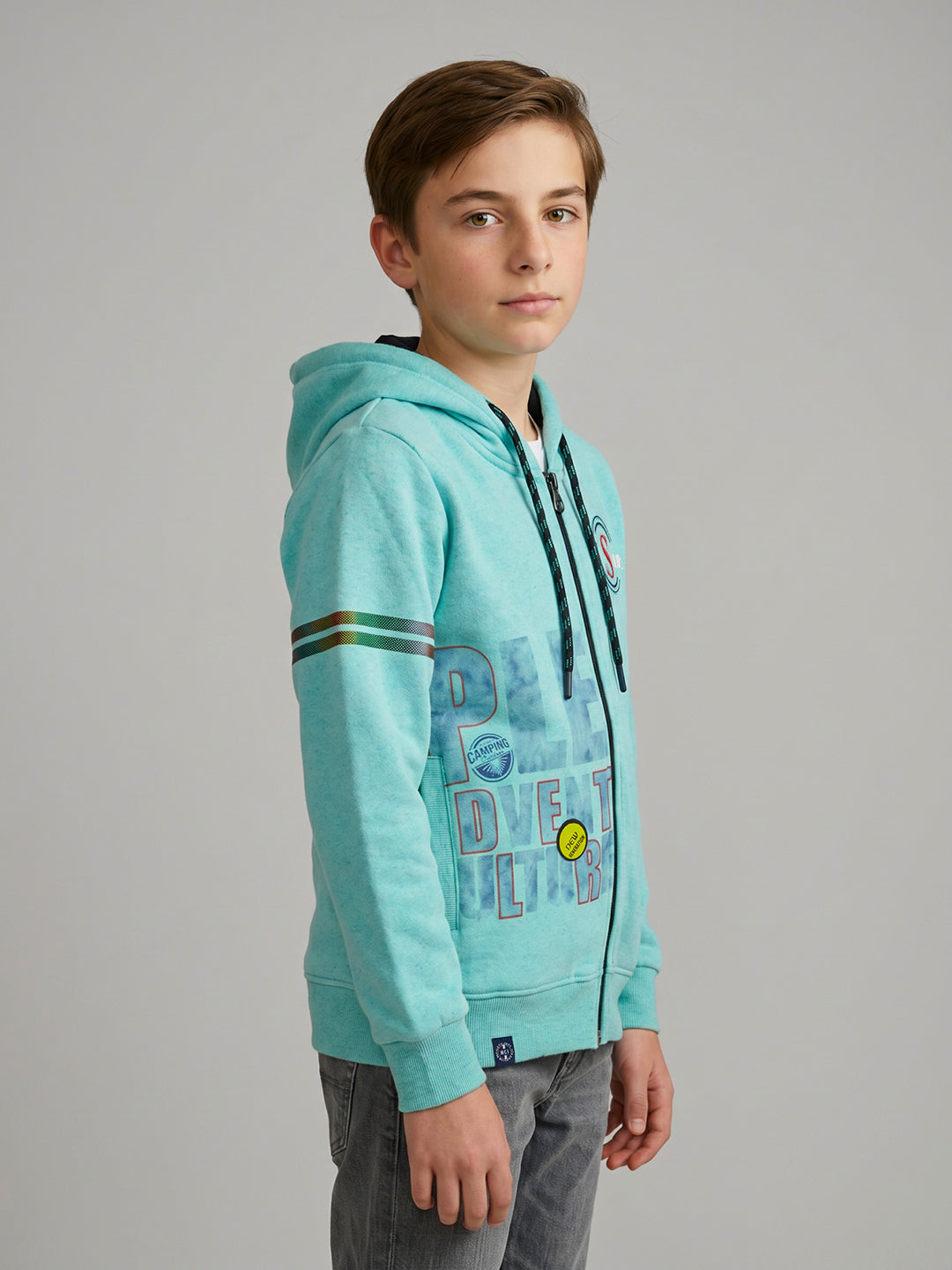 Boys Blue Printed Hooded Full Sleeve Sweatshirt