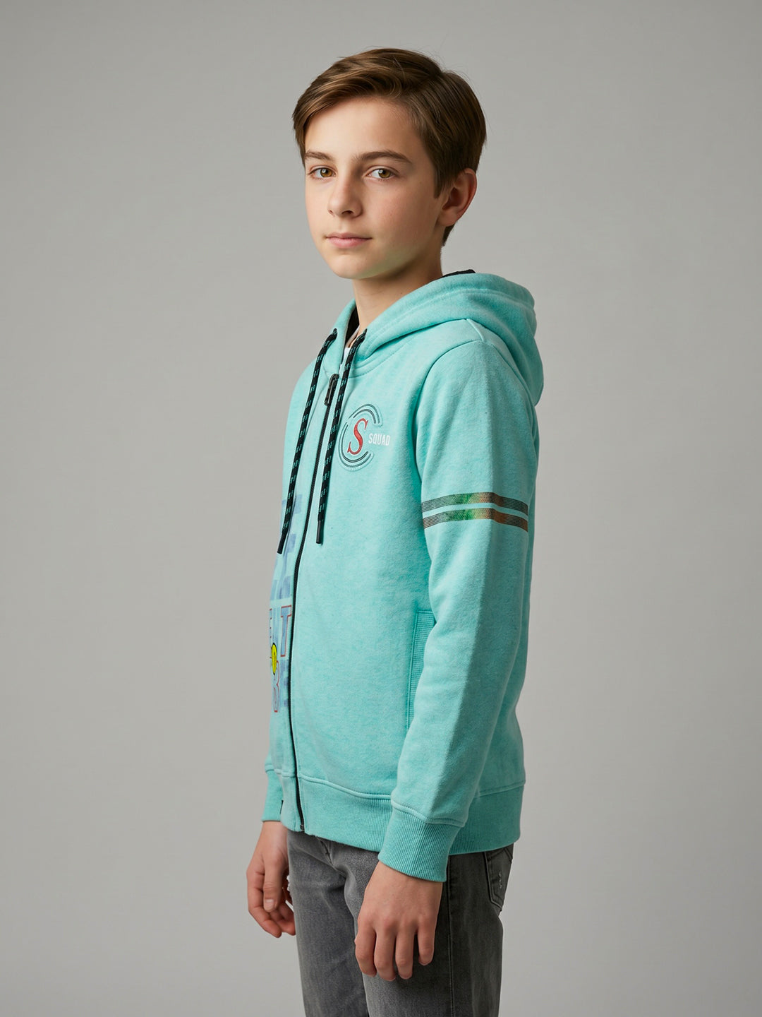 Boys Blue Printed Hooded Full Sleeve Sweatshirt