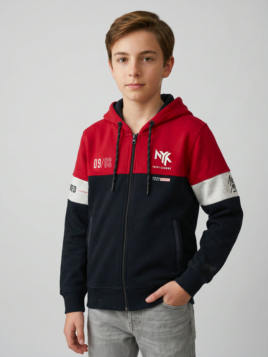 Boys Red & Navy Blue Printed Hooded Full Sleeve Sweatshirt