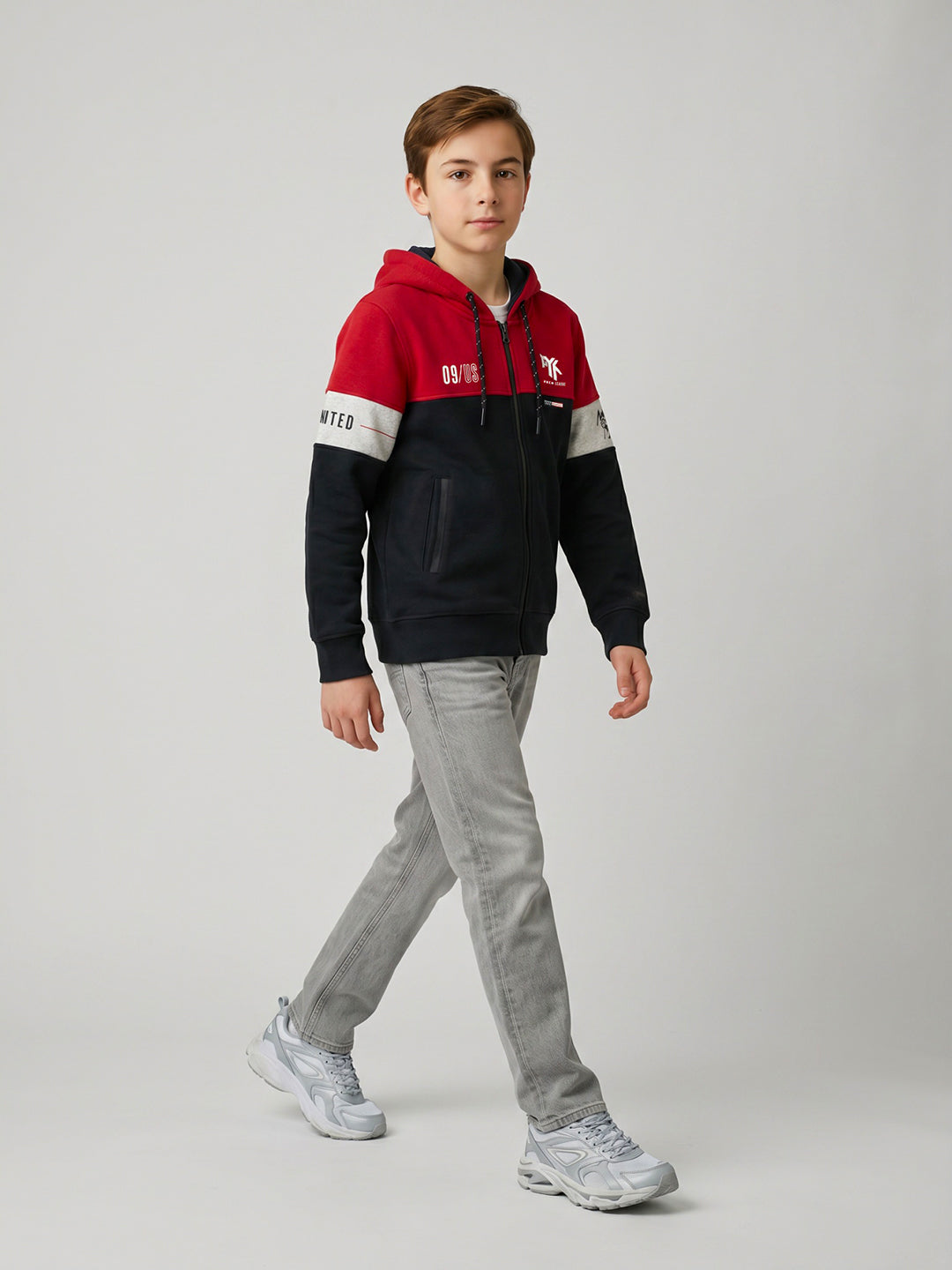 Boys Red & Navy Blue Printed Hooded Full Sleeve Sweatshirt