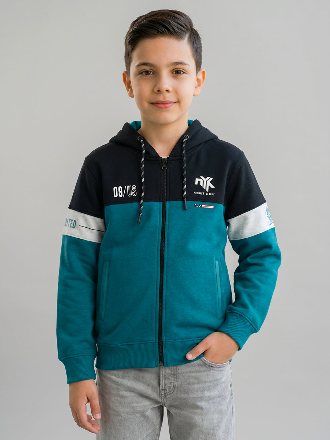 Boys Navy & Teal Printed Hooded Full Sleeve Sweatshirt