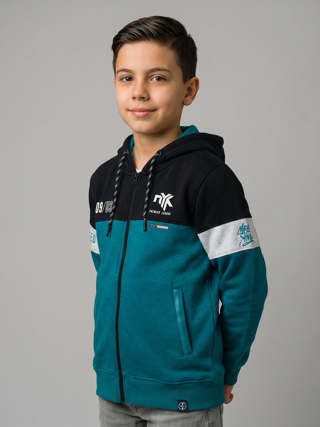 Boys Navy & Teal Printed Hooded Full Sleeve Sweatshirt