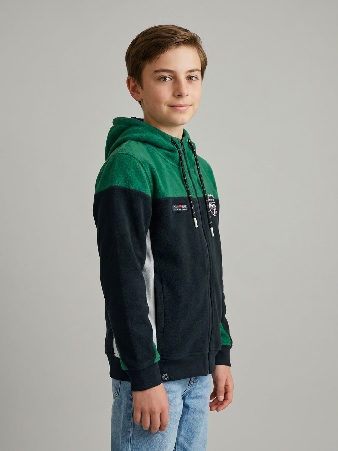 Boys Green & Navy Blue Solid Hooded Full Sleeve Sweatshirt