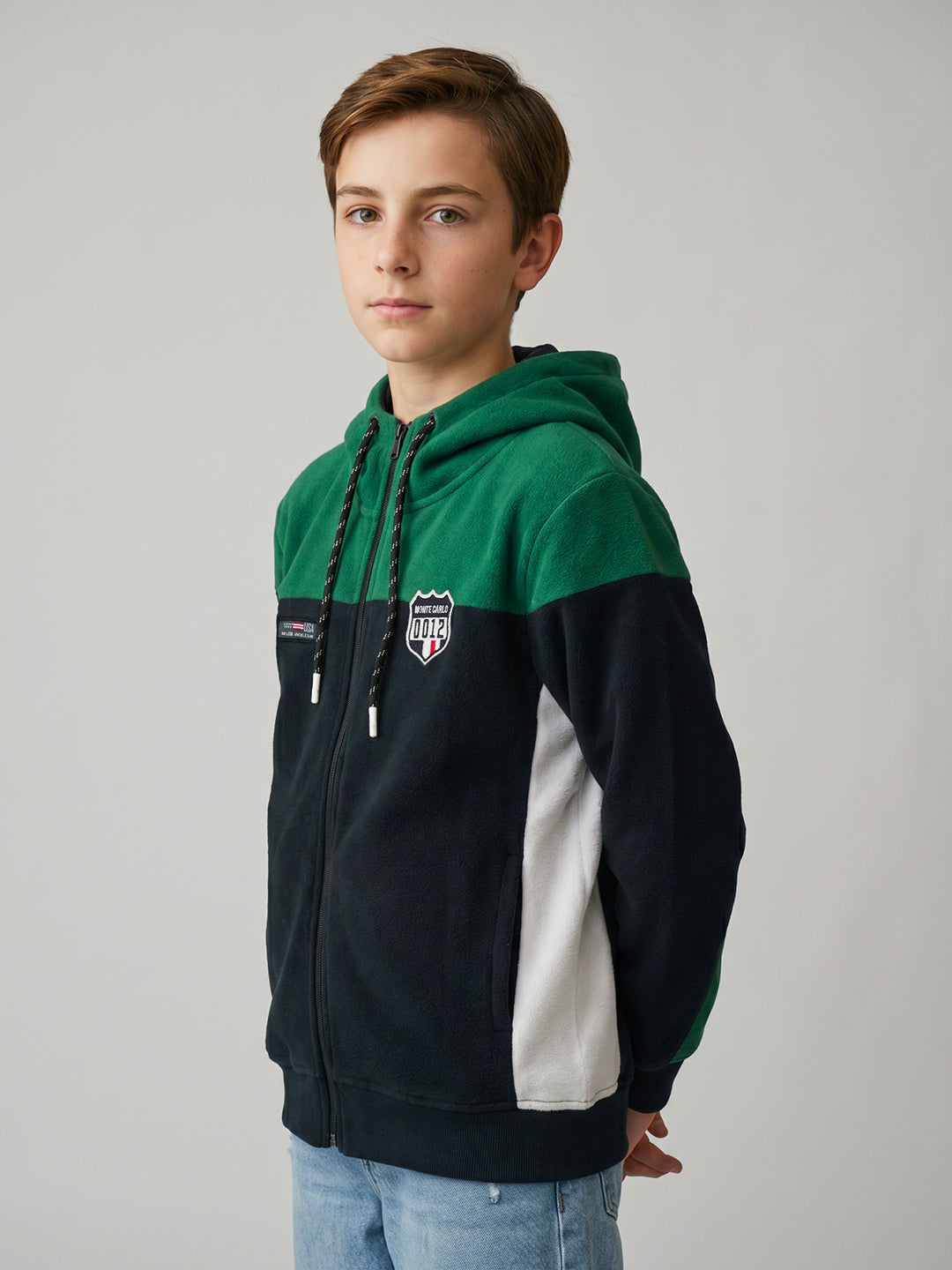 Boys Green & Navy Blue Solid Hooded Full Sleeve Sweatshirt