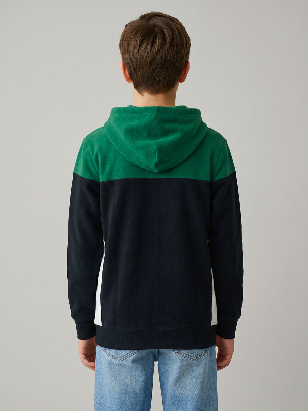 Boys Green & Navy Blue Solid Hooded Full Sleeve Sweatshirt