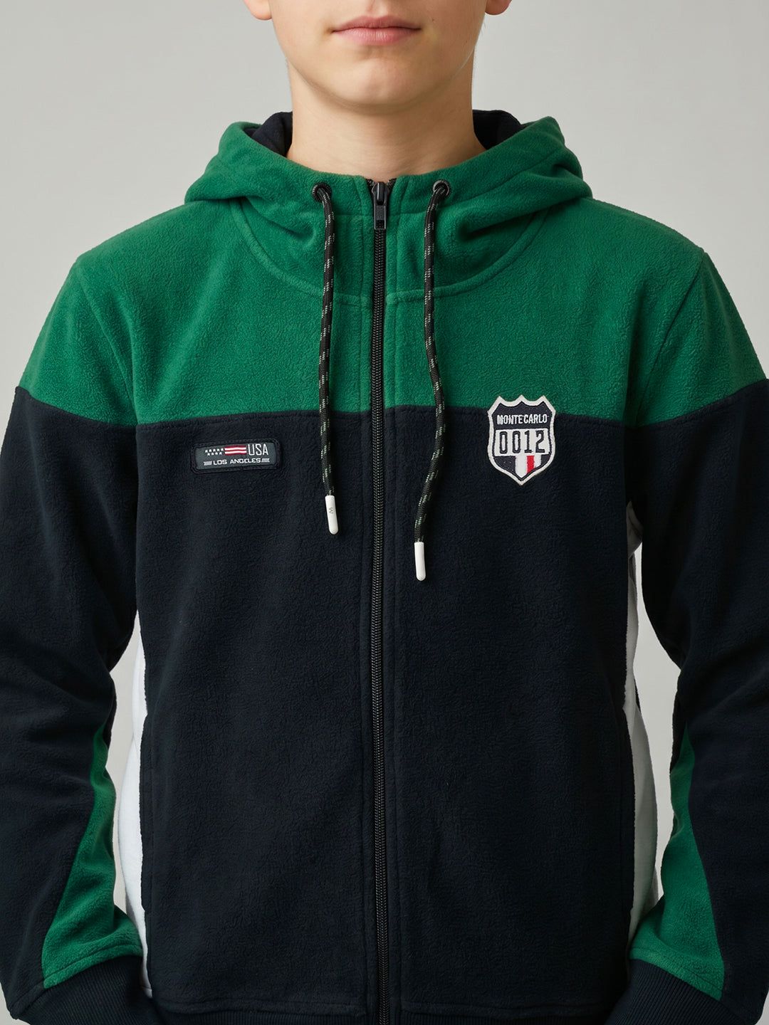 Boys Green & Navy Blue Solid Hooded Full Sleeve Sweatshirt