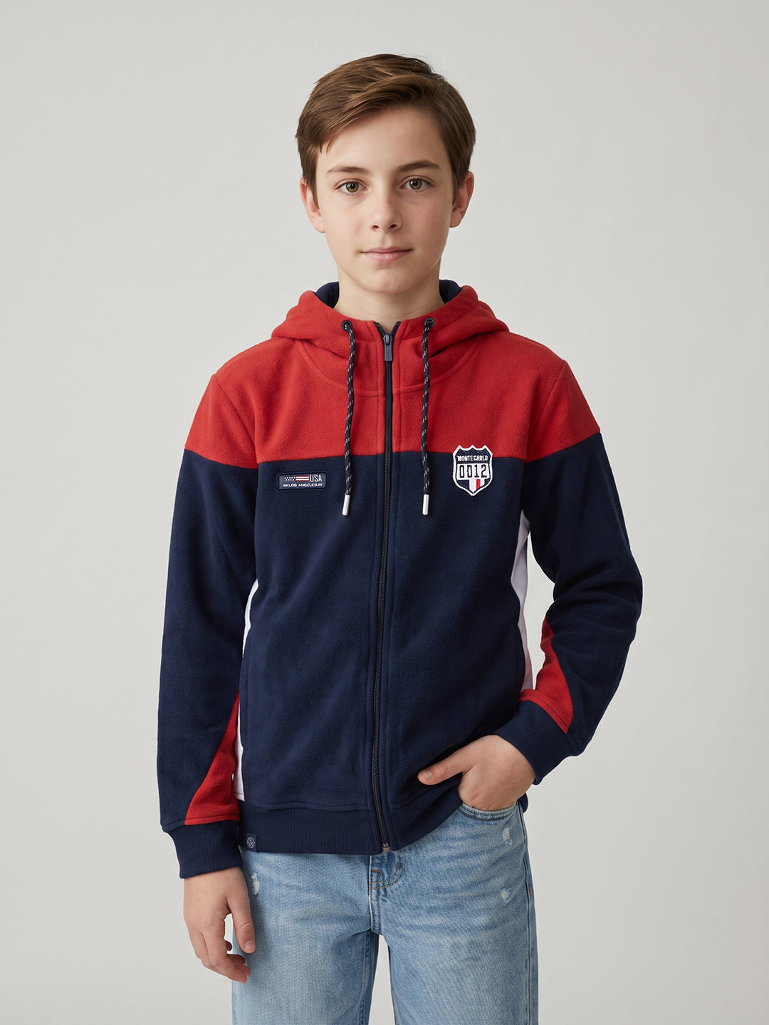 Boys Red & Navy Blue Solid Hooded Full Sleeve Sweatshirt