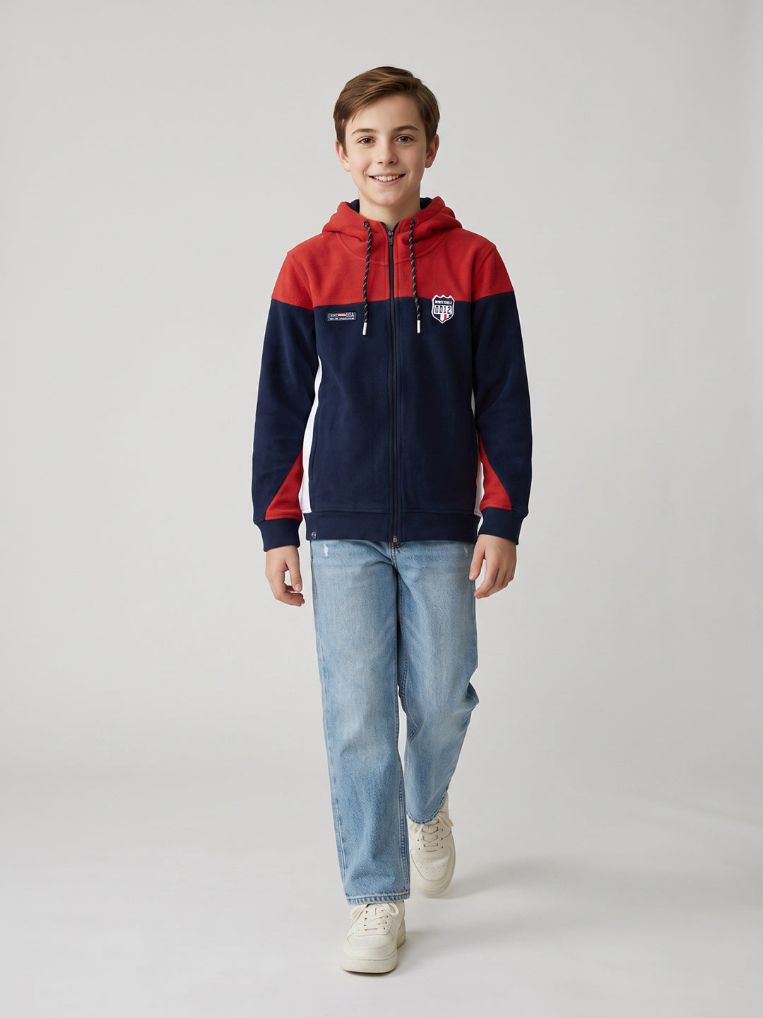 Boys Red & Navy Blue Solid Hooded Full Sleeve Sweatshirt