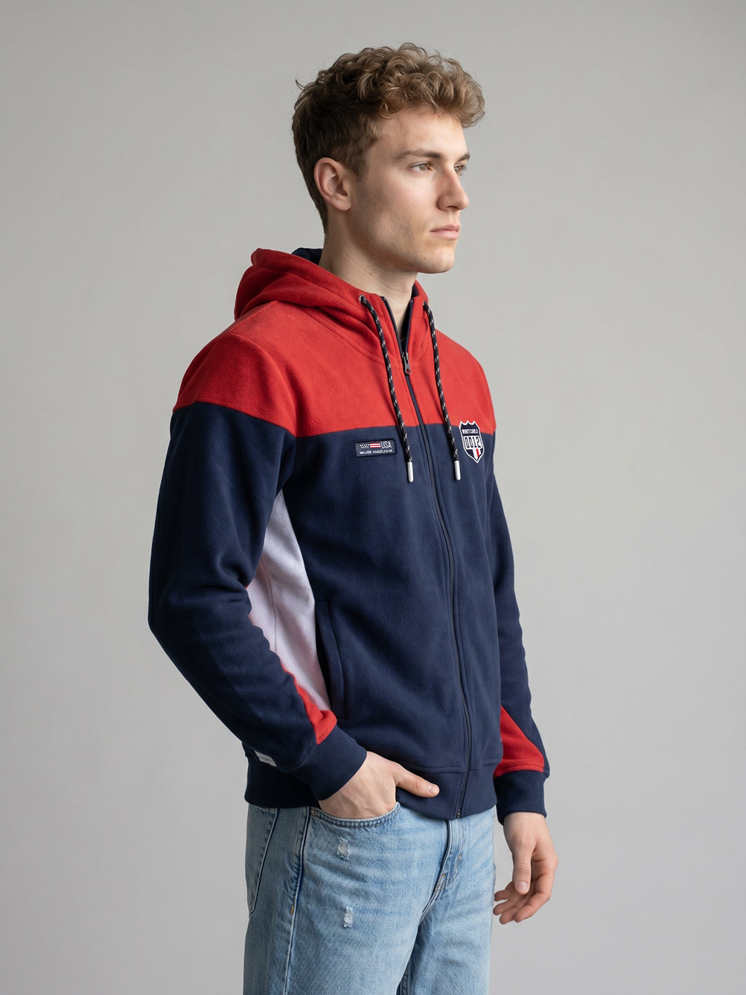 Boys Red & Navy Blue Solid Hooded Full Sleeve Sweatshirt