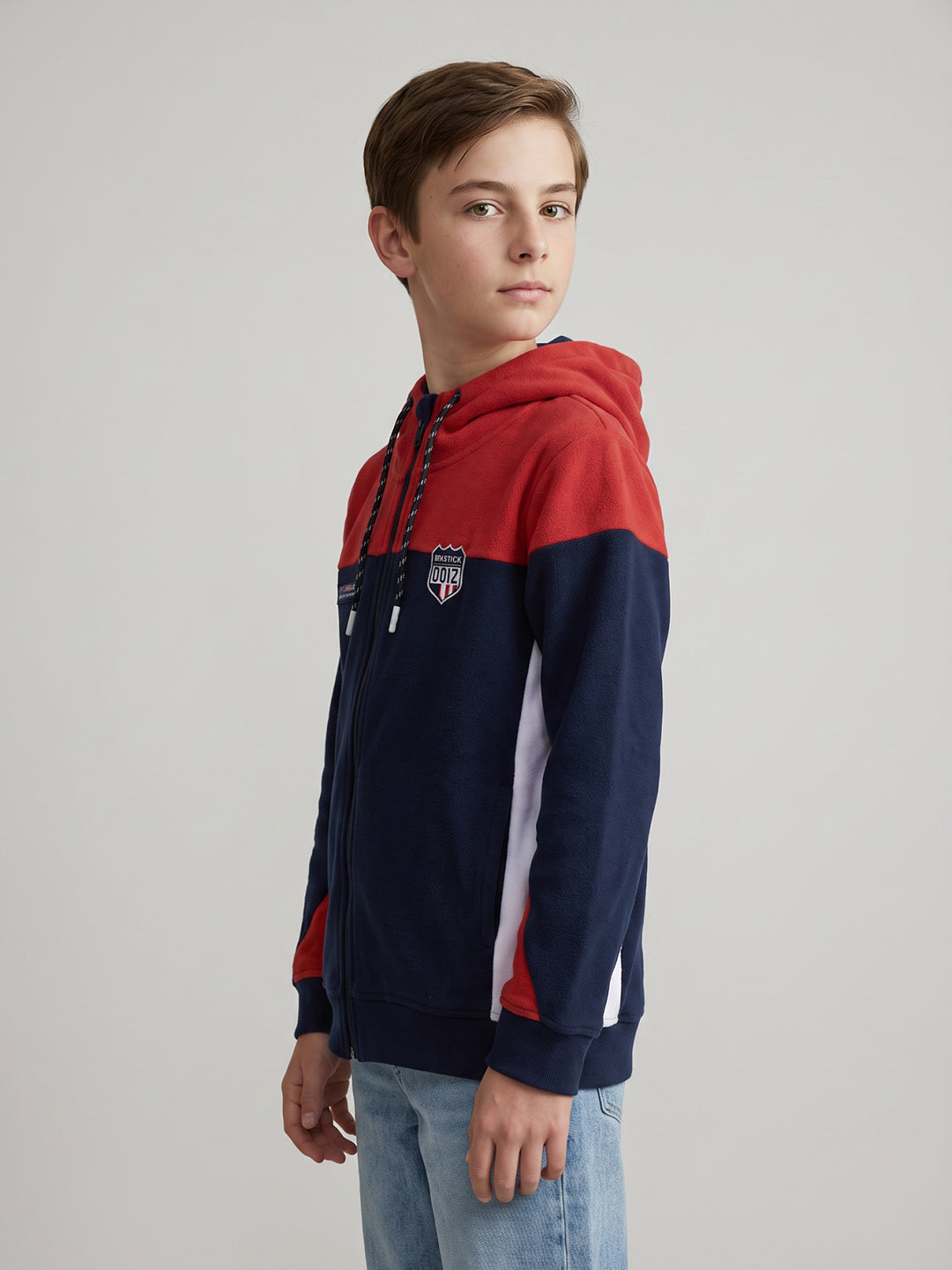 Boys Red & Navy Blue Solid Hooded Full Sleeve Sweatshirt