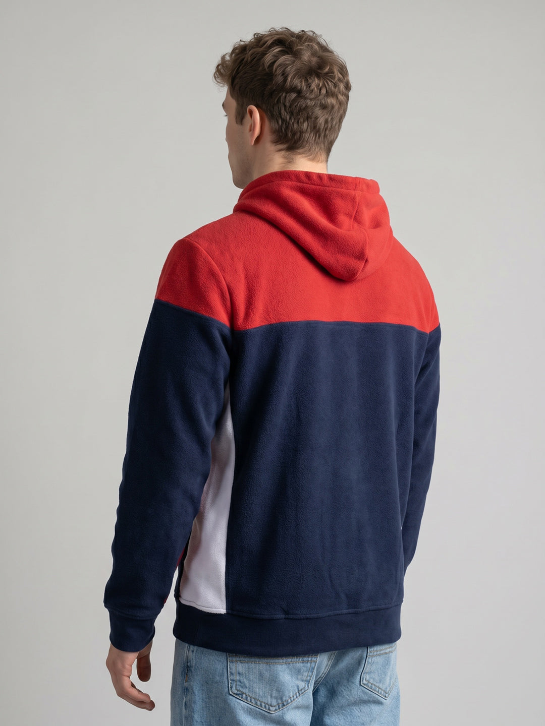 Boys Red & Navy Blue Solid Hooded Full Sleeve Sweatshirt