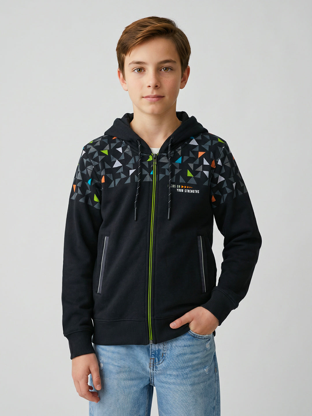 Boys Navy Blue Geometric Hooded Full Sleeve Sweatshirt