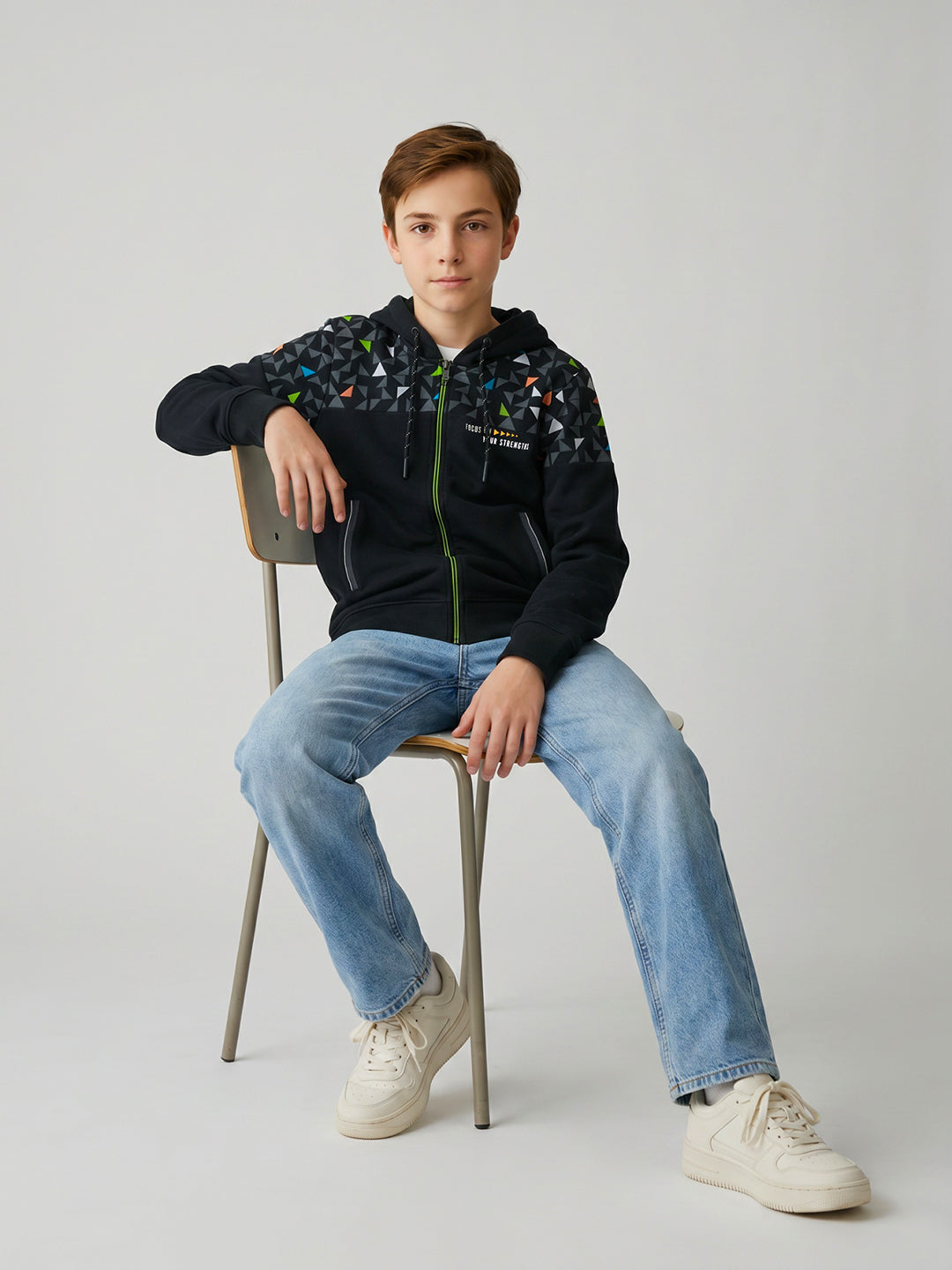 Boys Navy Blue Geometric Hooded Full Sleeve Sweatshirt